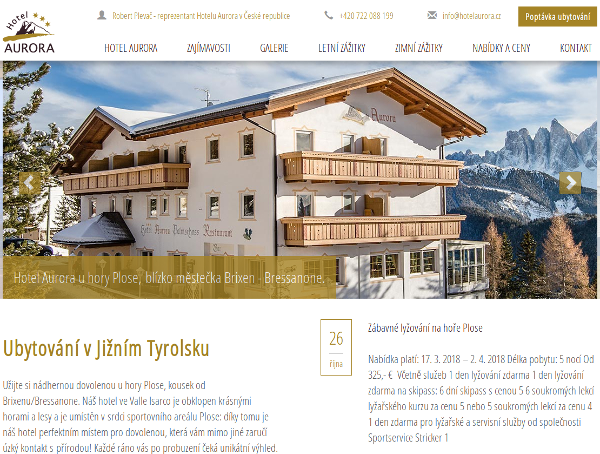 Reference: Hotel Aurora - ubytování v Jižním Tyrolsku - tvorba webu - responzivní design, redakční systém, HTML5, CSS3